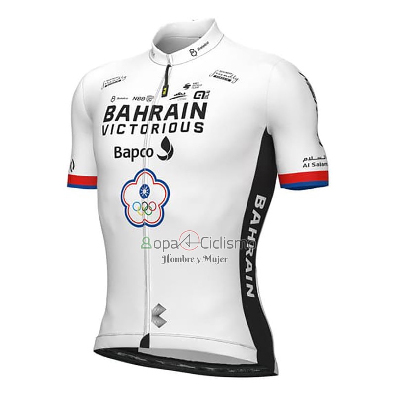 Bahrain Victorious Ropa Ciclismo Culotte Corto 2023 Hombre Mangas Cortas Blanco
